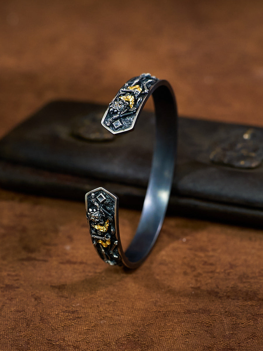 Spiritual Protection Cuff Bracelet Śmaśāna-Adhipati Silver Plated with Zircon