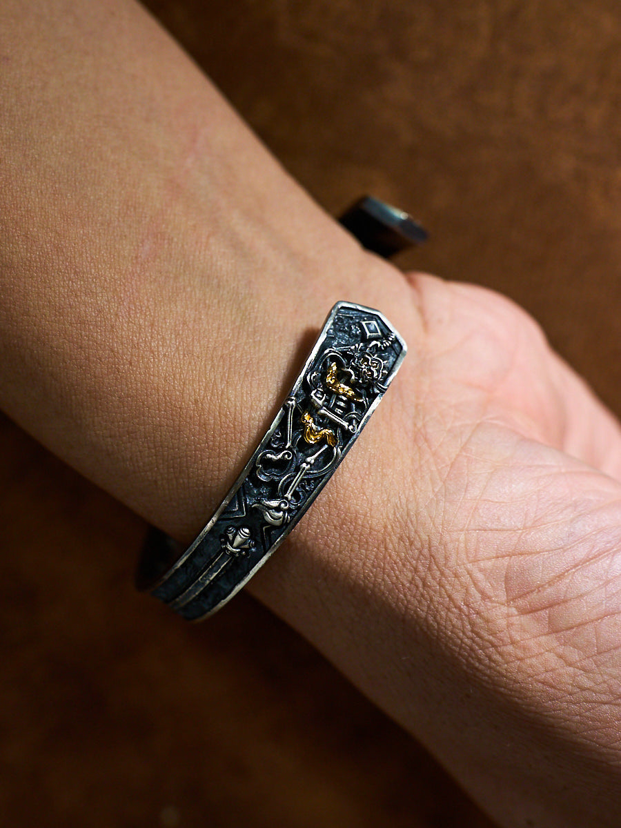 Spiritual Protection Cuff Bracelet Śmaśāna-Adhipati Silver Plated with Zircon