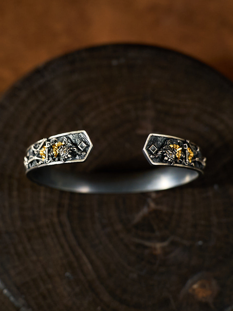 Spiritual Protection Cuff Bracelet Śmaśāna-Adhipati Silver Plated with Zircon