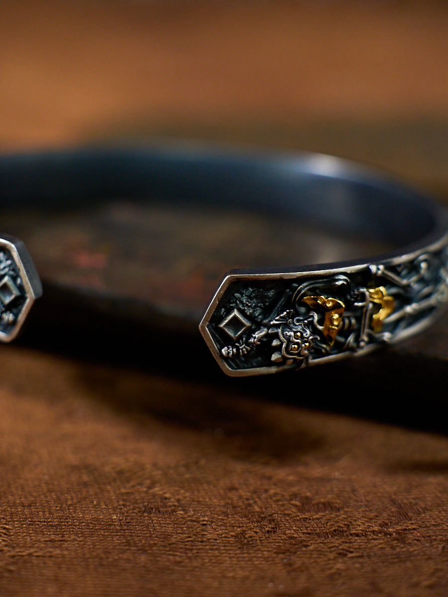 Spiritual Protection Cuff Bracelet Śmaśāna-Adhipati Silver Plated with Zircon