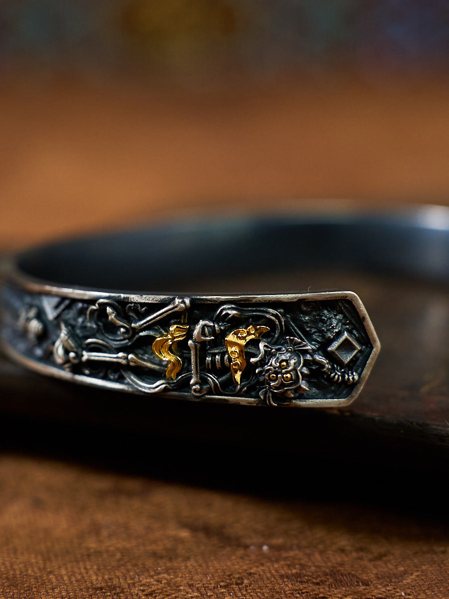 Spiritual Protection Cuff Bracelet Śmaśāna-Adhipati Silver Plated with Zircon
