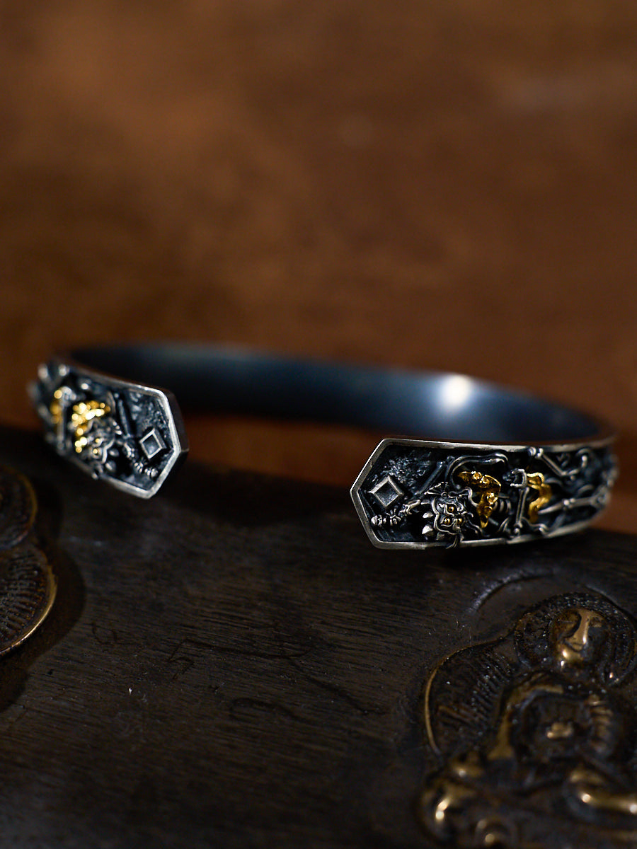 Spiritual Protection Cuff Bracelet Śmaśāna-Adhipati Silver Plated with Zircon