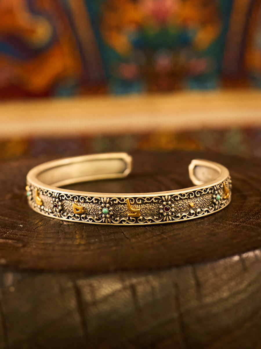 Om Mani Padme Hum Silver Plated Cuff Bracelet with Gold Handmade