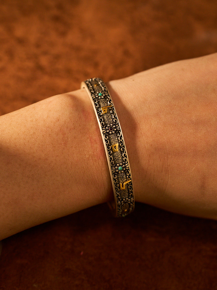 Om Mani Padme Hum Silver Plated Cuff Bracelet with Gold Handmade