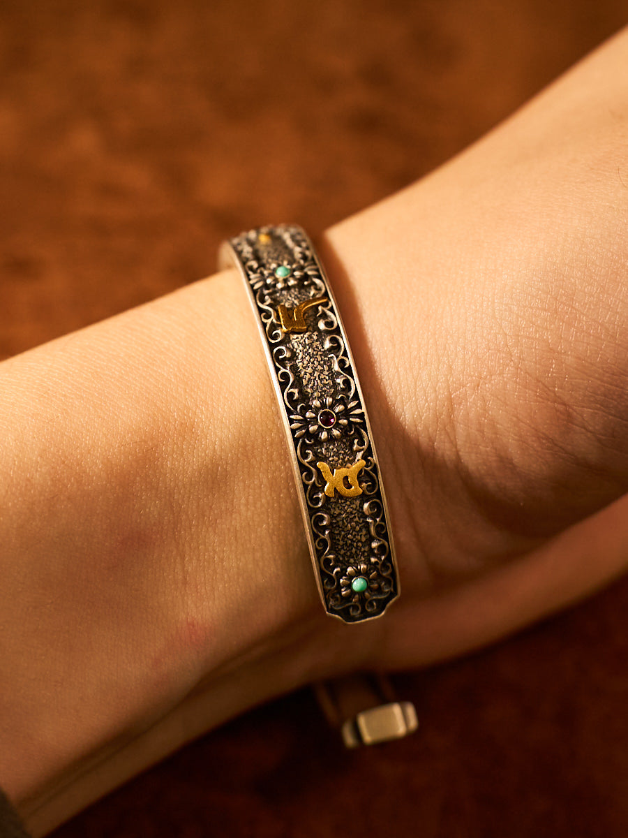 Om Mani Padme Hum Silver Plated Cuff Bracelet with Gold Handmade