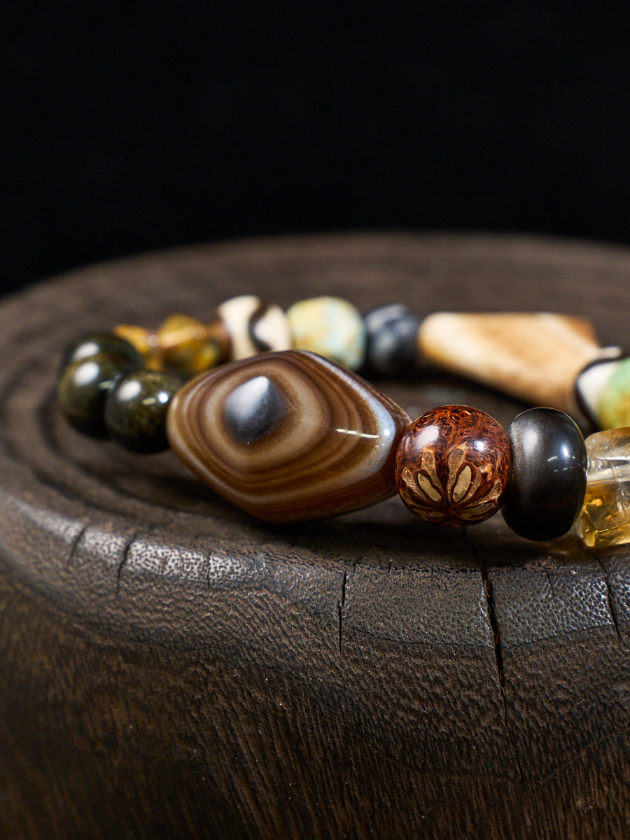 Sheep-Eye Agate Turquoise Horn Multi-Stone Bracelet