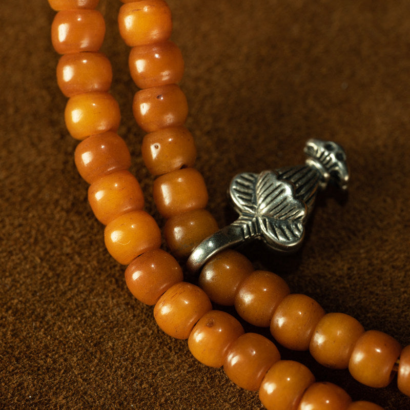 Qing Dynasty Tibetan 108-Bead Mala – Jade-Like Aged Stone, Amber Yellow, High-Grade Configuration