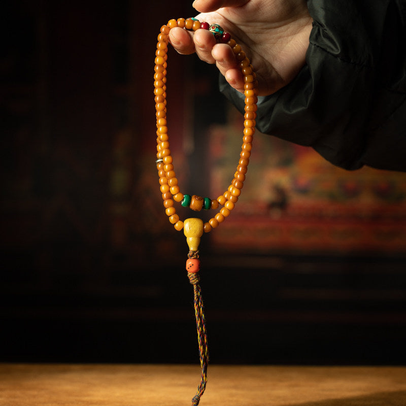 Qing Dynasty Tibetan 108-Bead Mala – Jade-Like Aged Stone, Amber Yellow, High-Grade Configuration