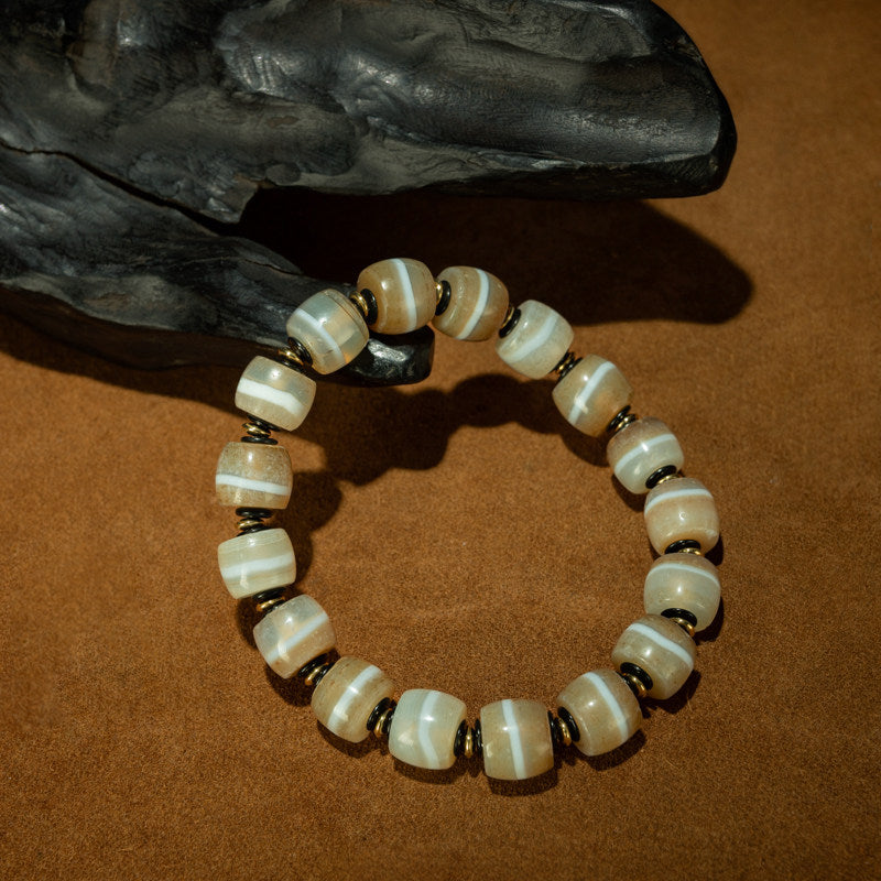 Tibetan Millennium Medicine Buddha Dzi Drum Bead Bracelet – Single-Line Milky Etched, Eastern Tibet