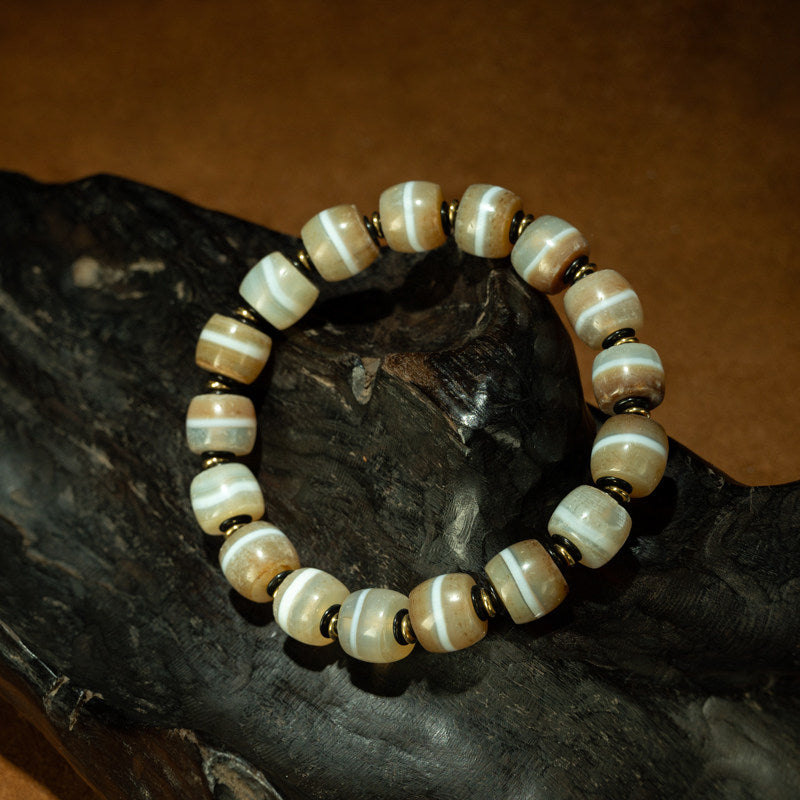 Tibetan Millennium Medicine Buddha Dzi Drum Bead Bracelet – Single-Line Milky Etched, Eastern Tibet