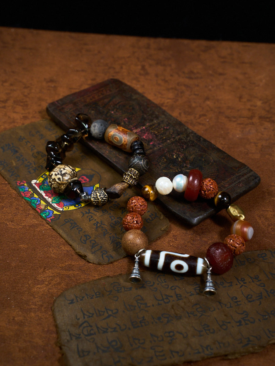 Celestial Guardian Smoky Quartz Three-Eye Dzi Obsidian Bracelet