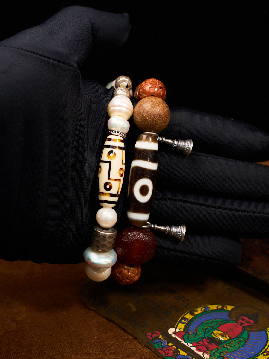 Pure Celestial Blessing Pearl Antler Dzi Bead Silver Bracelet