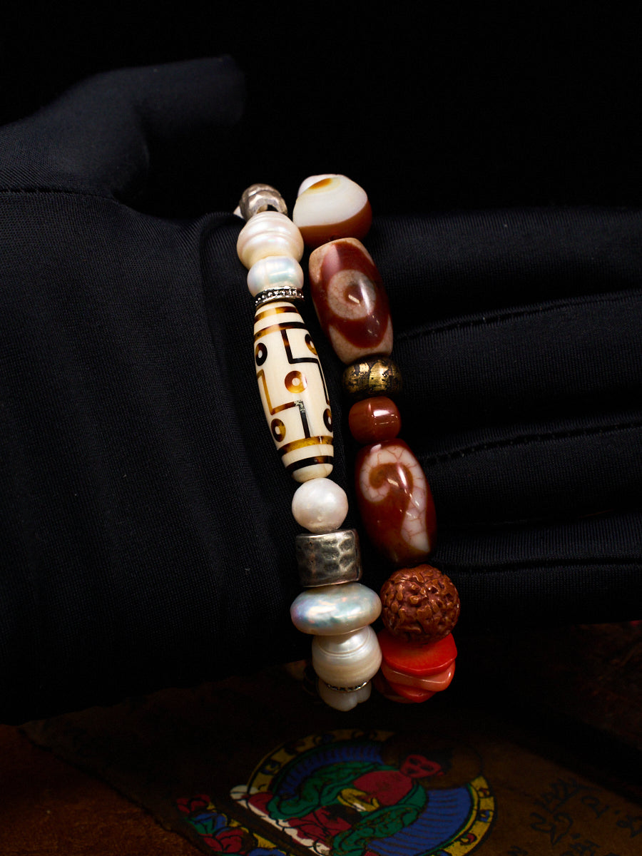 Pure Celestial Blessing Pearl Antler Dzi Bead Silver Bracelet