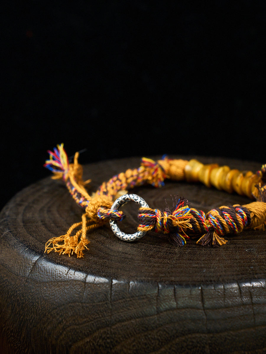 Primal Force Yak Bone Disc Antique Silver Tibetan Five-Color Cord Bracelet