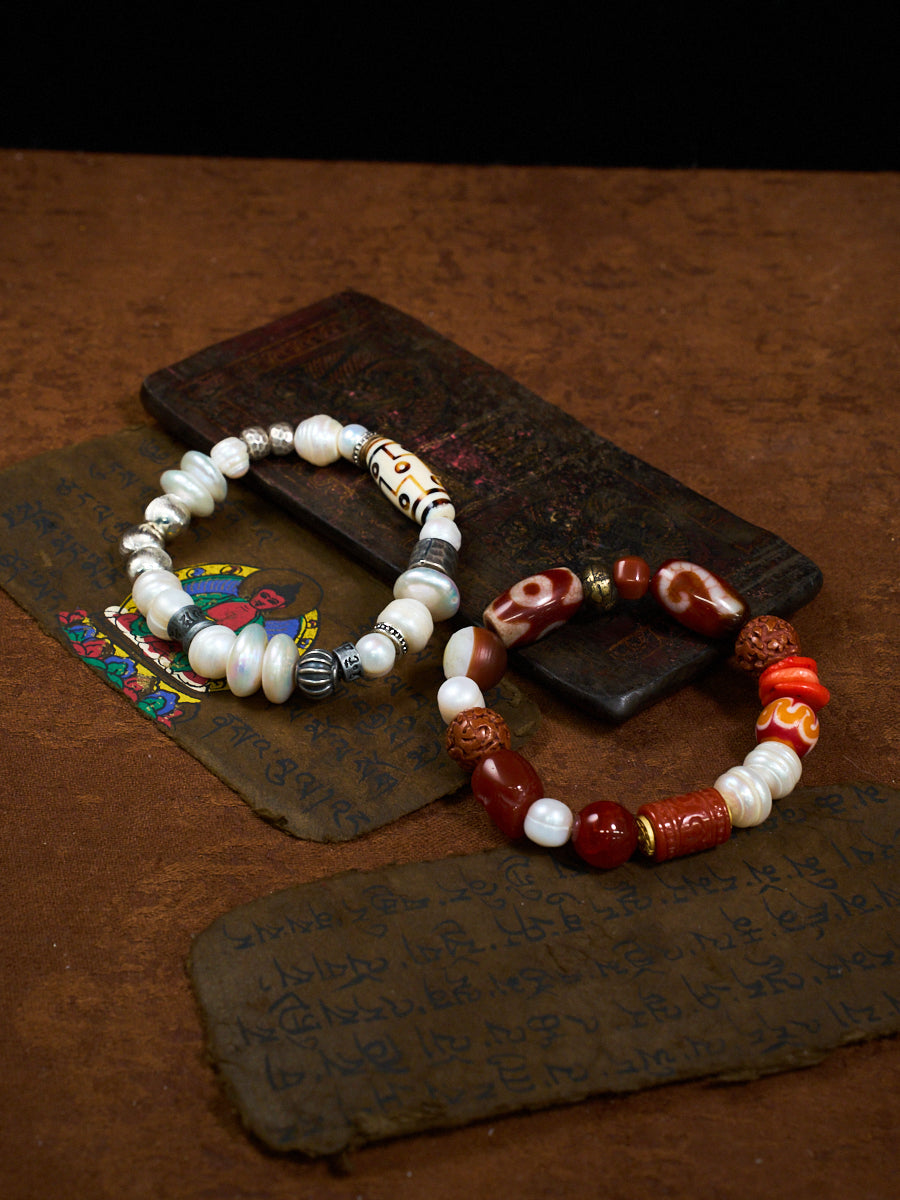 Three Treasures of Buddha Seven Jewels Agate Pearl Coral Bracelet