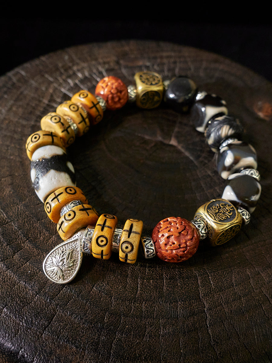 Carved Dzi Bone Cinnabar Sterling Silver Charm Bracelet