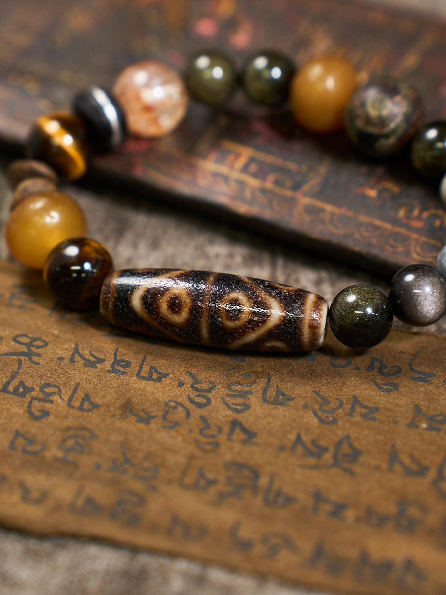 Six-Eye Dzi Ebony Multi-Stone Ancient Bead Bracelet