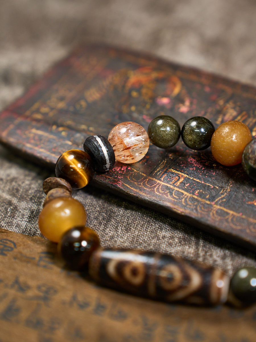 Six-Eye Dzi Ebony Multi-Stone Ancient Bead Bracelet
