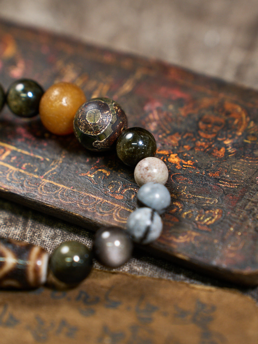 Six-Eye Dzi Ebony Multi-Stone Ancient Bead Bracelet
