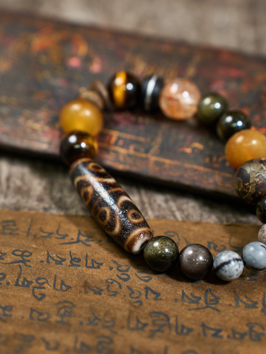 Six-Eye Dzi Ebony Multi-Stone Ancient Bead Bracelet