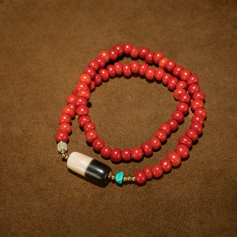 Qing Dynasty Tibetan Aka Red Sherpa Bead & Yin-Yang Cinnabar Medicine Buddha Bead Double-Wrap Bracelet