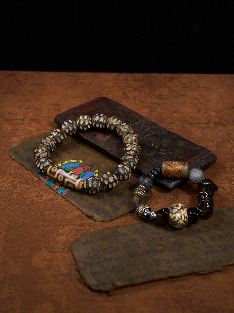 Celestial Guardian Smoky Quartz Three-Eye Dzi Obsidian Bracelet