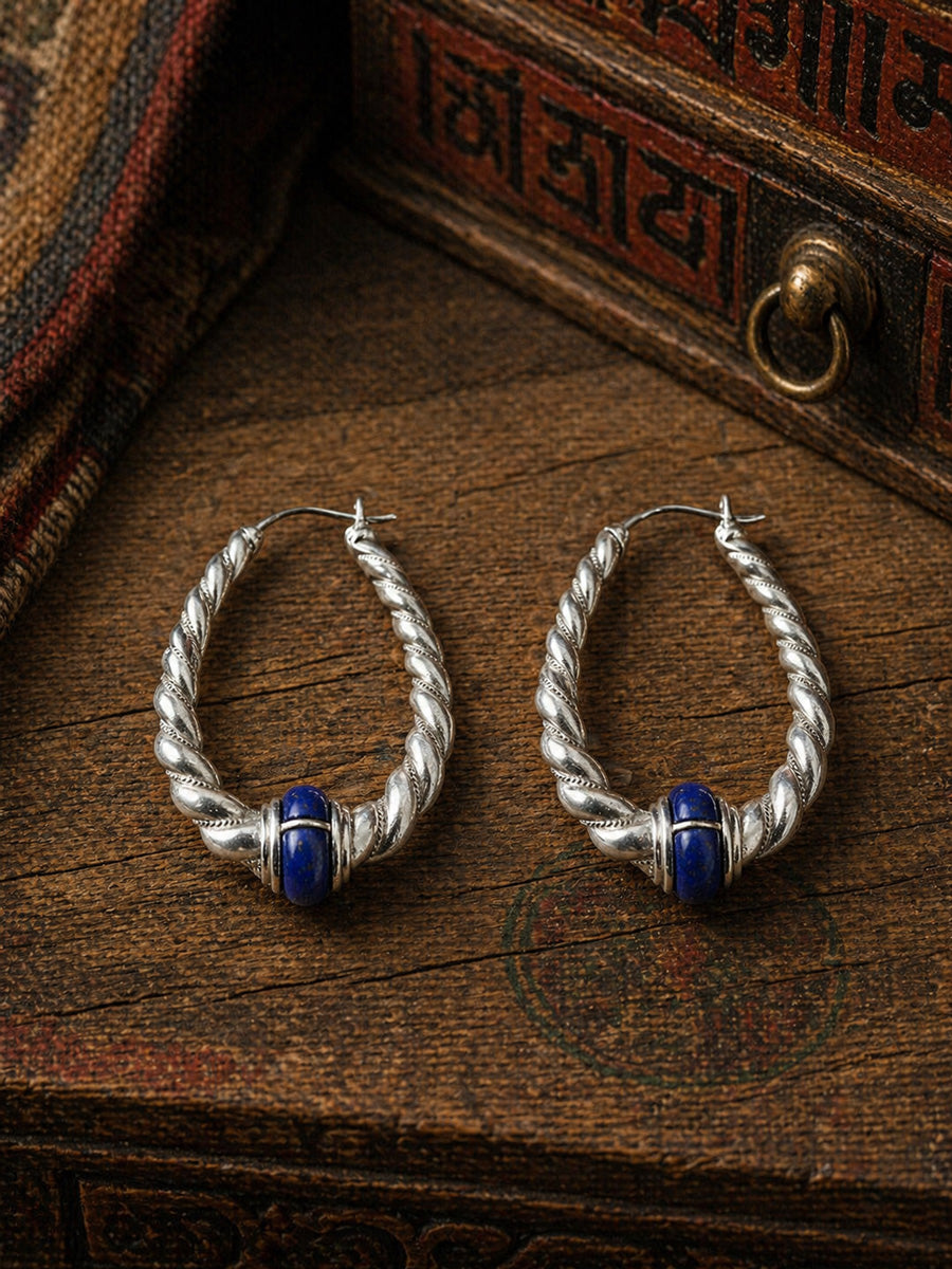 Twisted Path Lapis Lazuli Silver Hoop Earrings