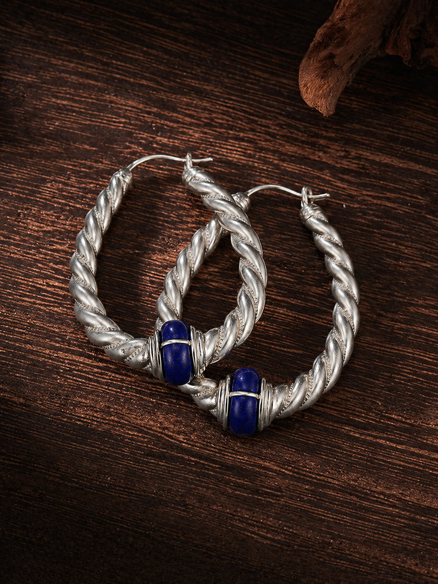 Twisted Path Lapis Lazuli Silver Hoop Earrings