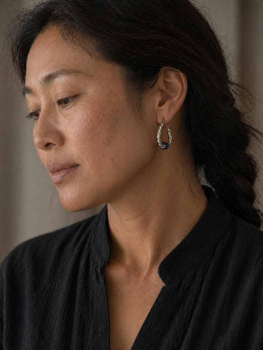 Twisted Path Lapis Lazuli Silver Hoop Earrings