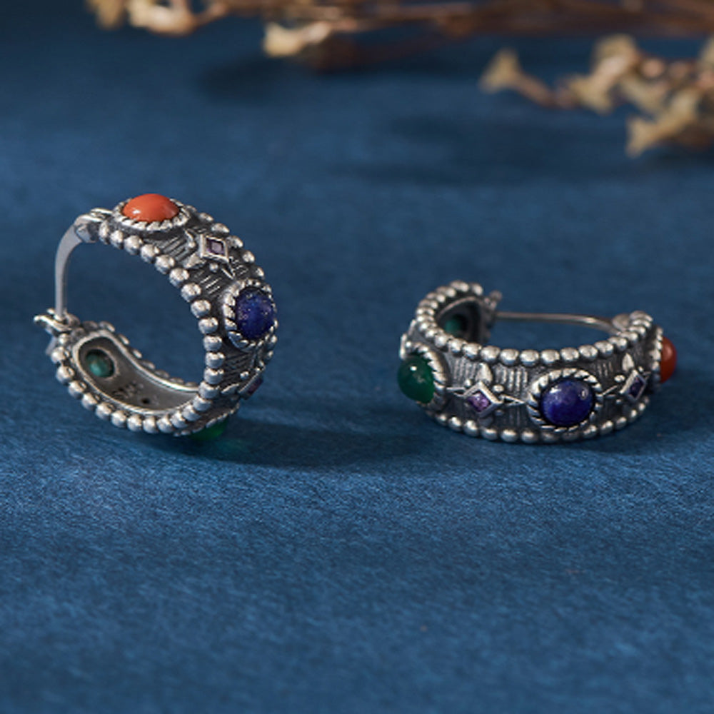 Celestial Vitality Lapis & Agate Hoop Earrings – Empower Your Spirit with Natural Elegance