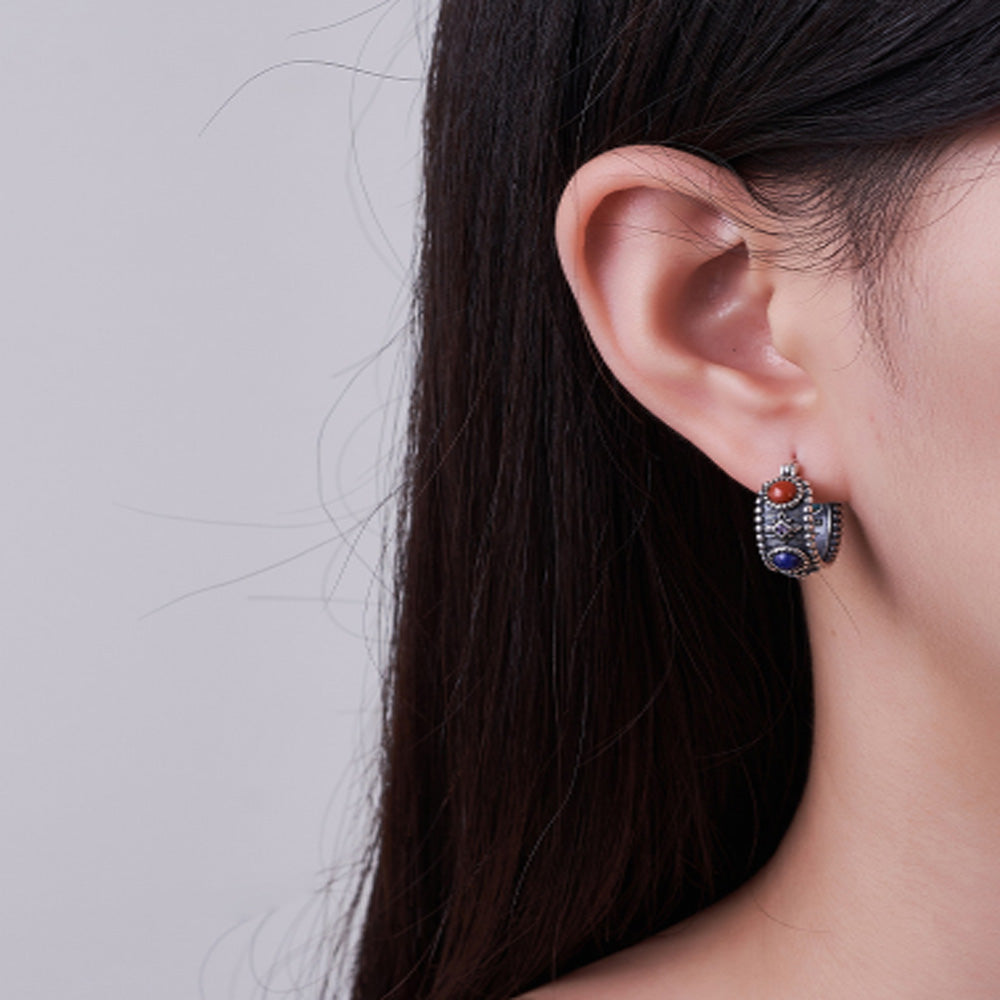 Celestial Vitality Lapis & Agate Hoop Earrings – Empower Your Spirit with Natural Elegance