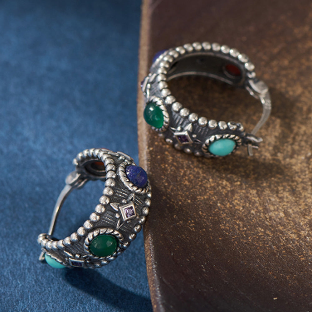 Celestial Vitality Lapis & Agate Hoop Earrings – Empower Your Spirit with Natural Elegance