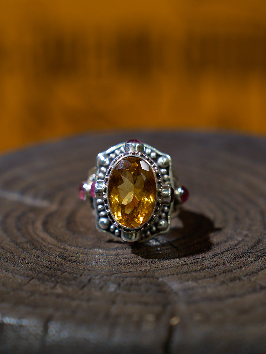 Citrine and Ruby Sterling Silver Ring – Talisman of Wealth, Vitality, and Himalayan Spiritual Wisdom