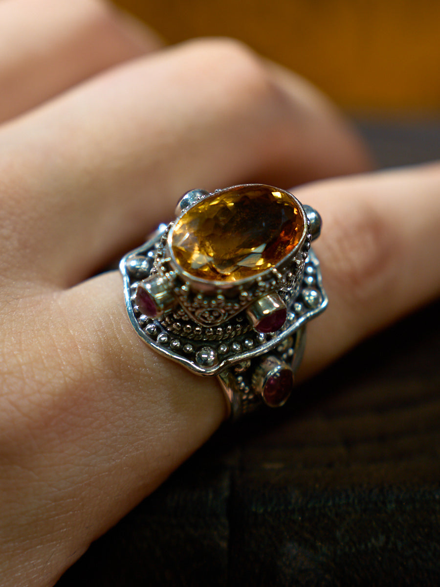 Citrine and Ruby Sterling Silver Ring – Talisman of Wealth, Vitality, and Himalayan Spiritual Wisdom