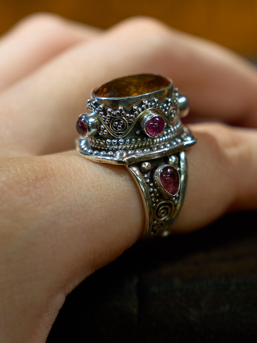 Citrine and Ruby Sterling Silver Ring – Talisman of Wealth, Vitality, and Himalayan Spiritual Wisdom
