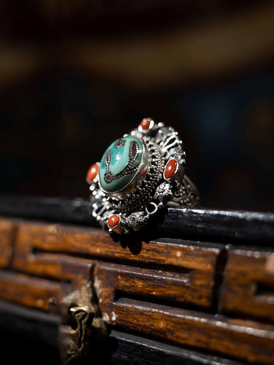 Sacred Turquoise Coral Silver Ring Spiritual Healing Good Luck Jewelry