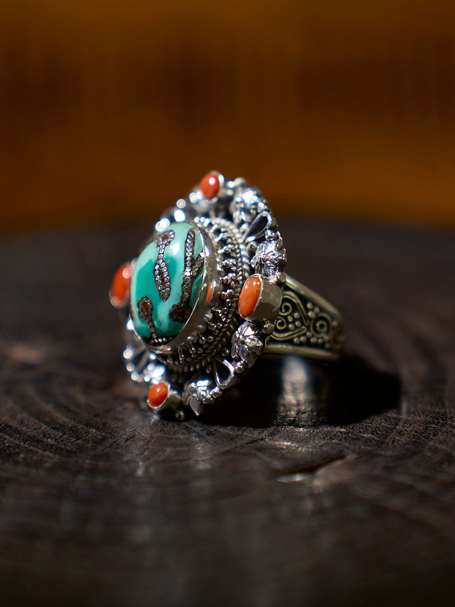 Sacred Turquoise Coral Silver Ring Spiritual Healing Good Luck Jewelry