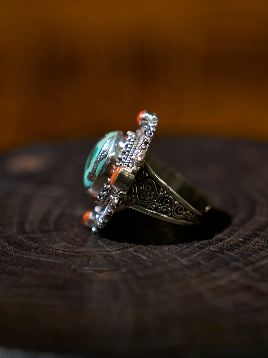 Sacred Turquoise Coral Silver Ring Spiritual Healing Good Luck Jewelry
