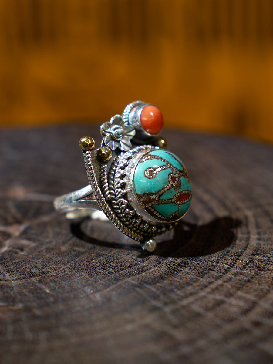 Turquoise and Red Coral Sterling Silver Ring – Talisman of Good Luck, Love, and Himalayan Spiritual Harmony