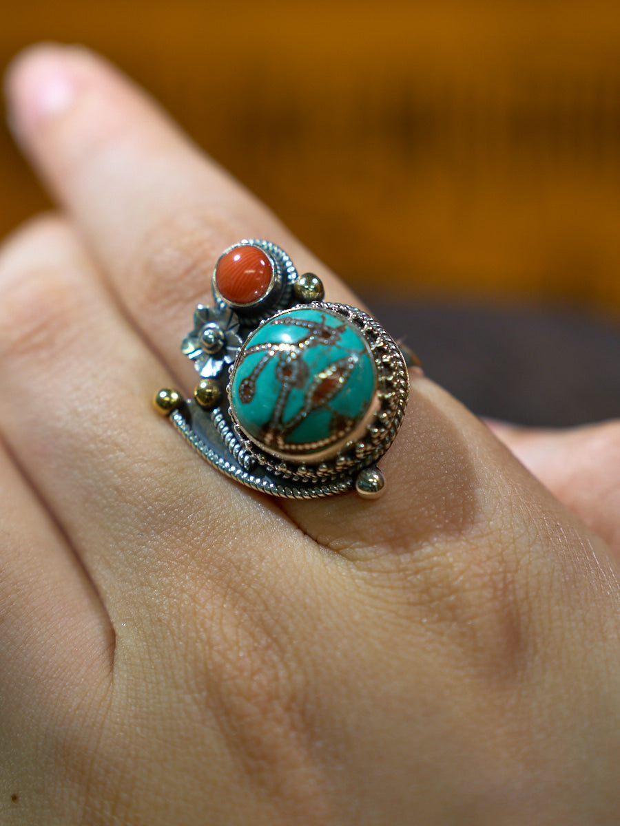 Turquoise and Red Coral Sterling Silver Ring – Talisman of Good Luck, Love, and Himalayan Spiritual Harmony