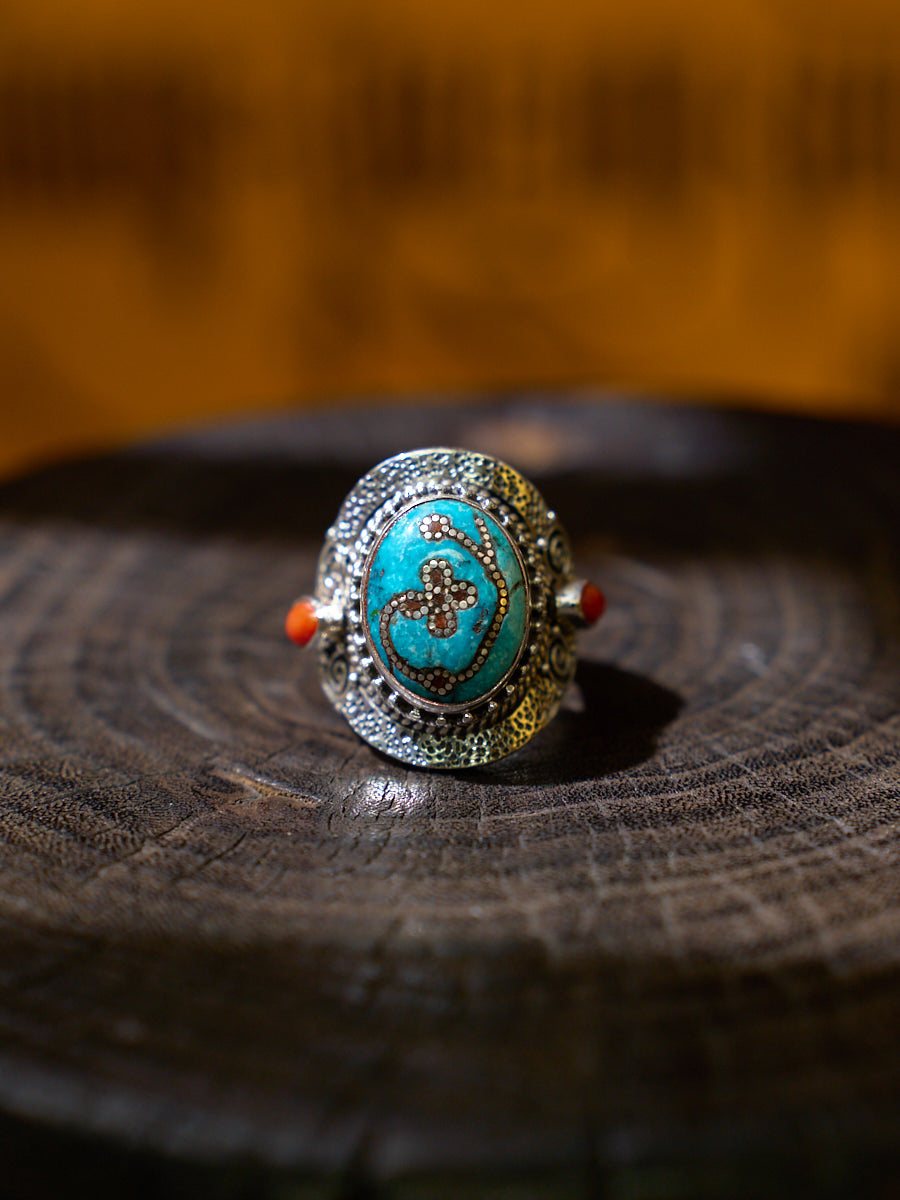 Turquoise and Red Coral Sterling Silver Ring – Talisman of Good Luck, Love, and Himalayan Spiritual Harmony
