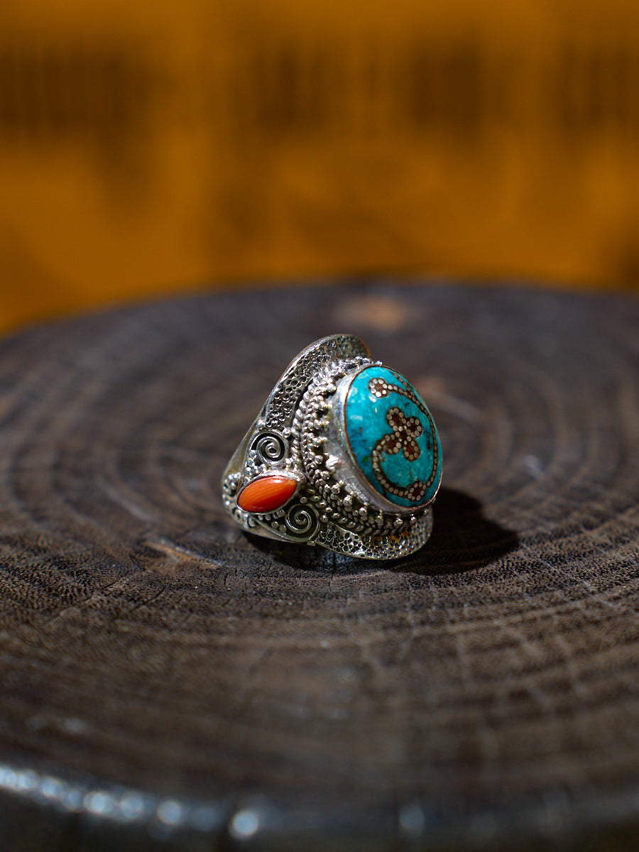 Turquoise and Red Coral Sterling Silver Ring – Talisman of Good Luck, Love, and Himalayan Spiritual Harmony