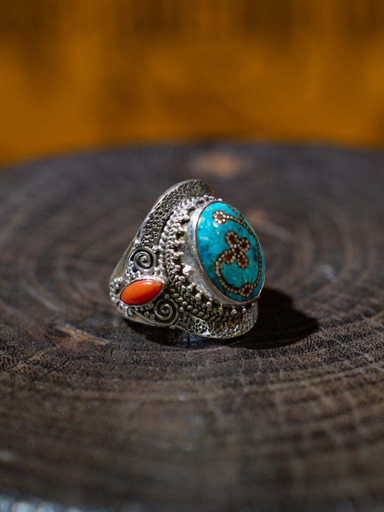 Sacred Harmony Ring with Turquoise and Red Coral in Sterling Silver – Talisman of Good Fortune