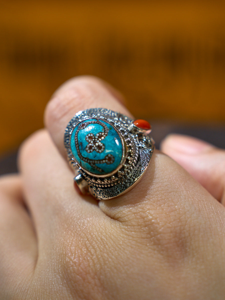 Sacred Harmony Ring with Turquoise and Red Coral in Sterling Silver – Talisman of Good Fortune