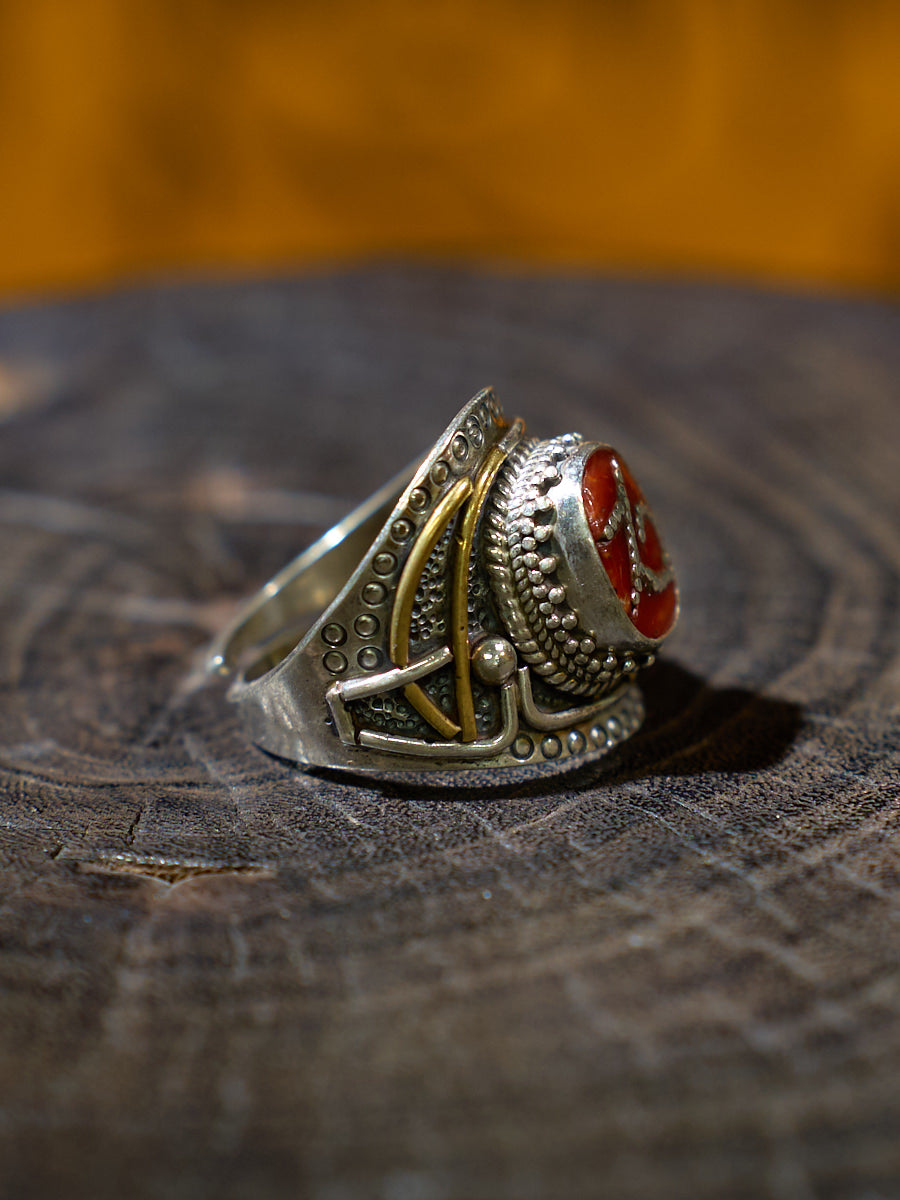 Sacred Red Coral Silver Ring of Love and Protection