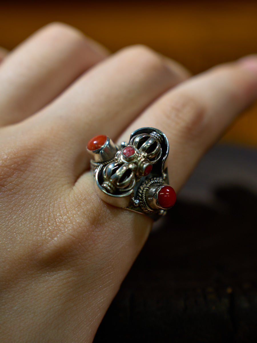 Guardian of Strength Sterling Silver Ring with Red Coral – Himalayan Symbol of Protection