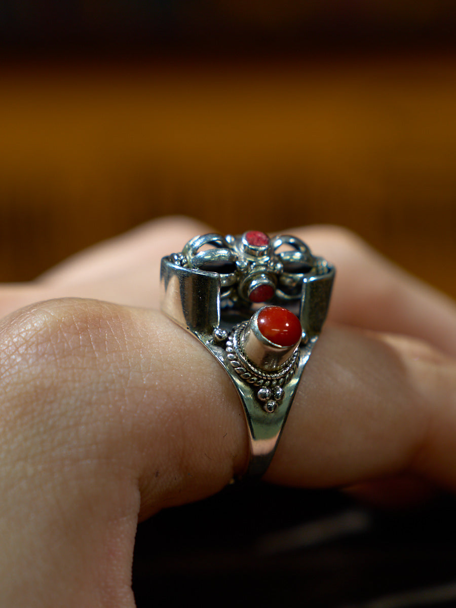 Guardian of Strength Sterling Silver Ring with Red Coral – Himalayan Symbol of Protection