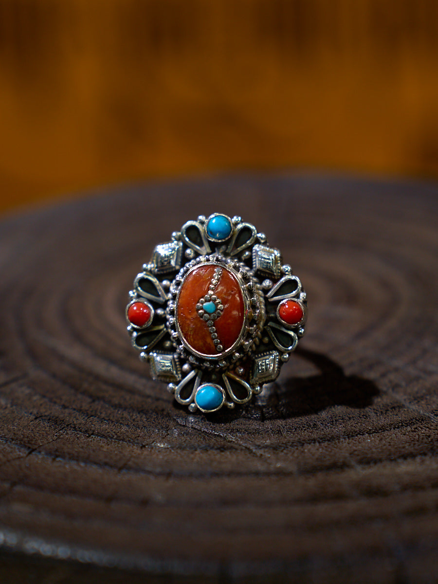 Sacred Union Sterling Silver Ring with Red Coral and Turquoise – Emblem of Love and Himalayan Harmony
