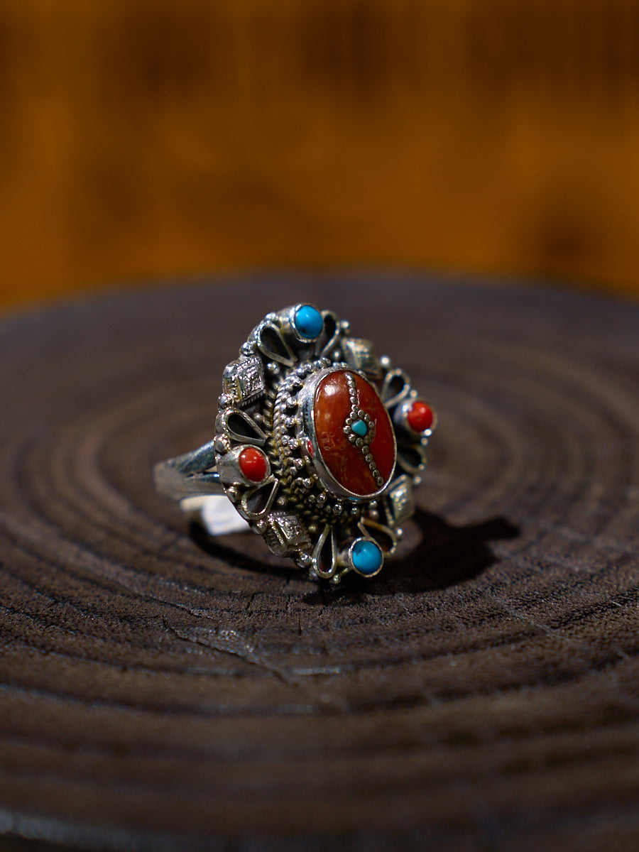Sacred Union Sterling Silver Ring with Red Coral and Turquoise – Emblem of Love and Himalayan Harmony