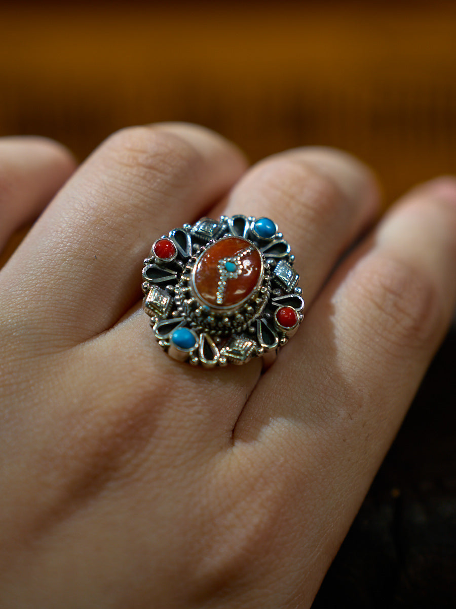 Sacred Union Sterling Silver Ring with Red Coral and Turquoise – Emblem of Love and Himalayan Harmony